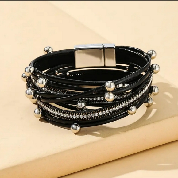 NWT Wrap Bracelet Set of 2 Black and Gold Faux Leather Zircon Beads Biker - Picture 2 of 3